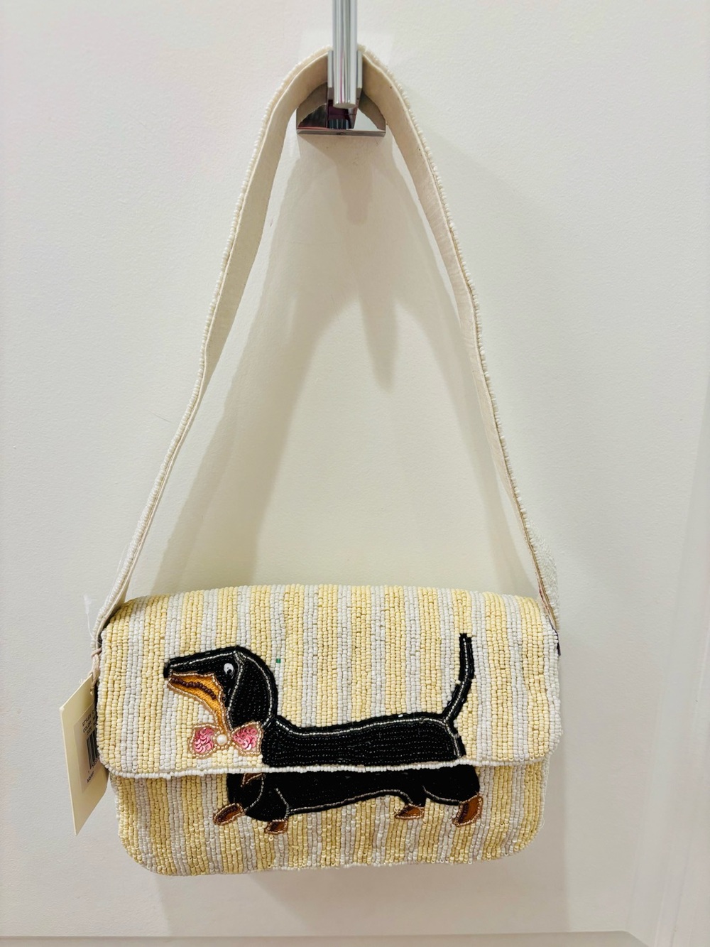 NWT SOL and Mer Beaded Dachshund Shoulder Bag in Cream and yellow